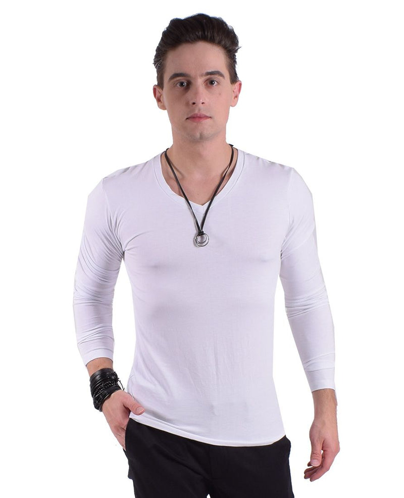Camiseta Básica Manga Longa Branca Gola V