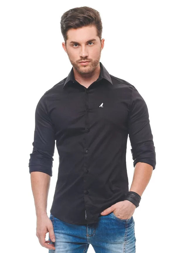Camisa Social Masculina Preta Super Slim- Fio Egípcio