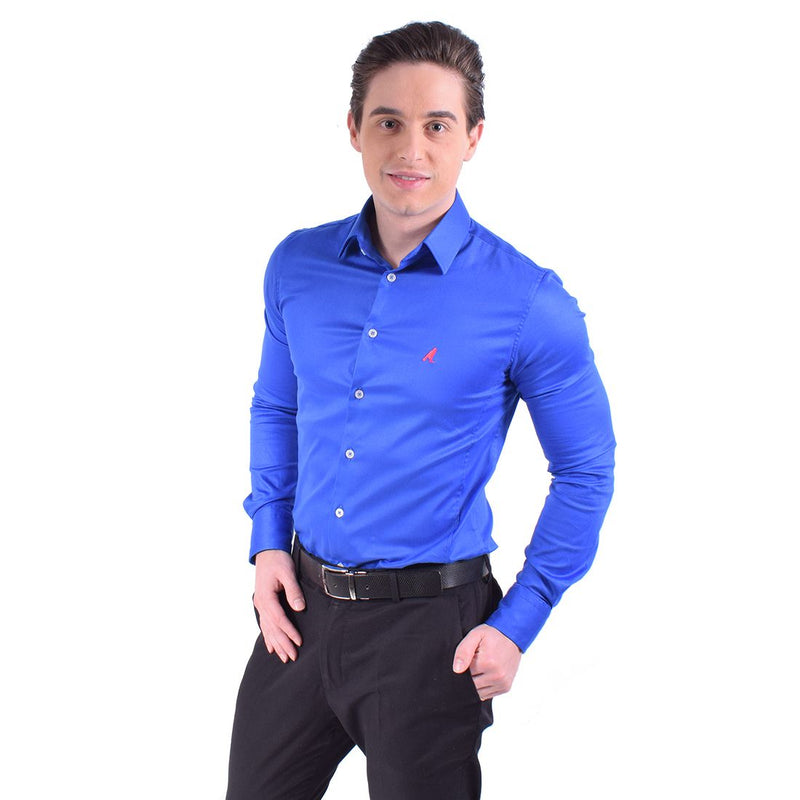 Camisa Social Masculina Azul Super Slim- Fio Egípcio