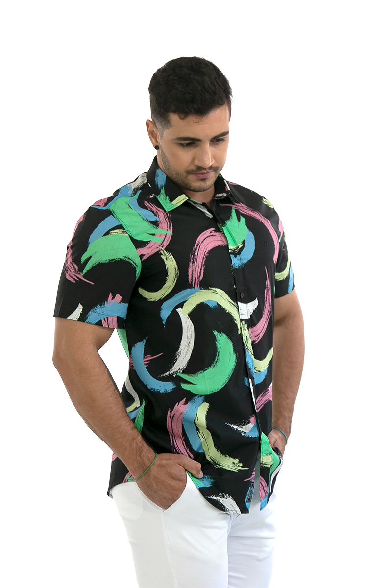 Camisa Social Masculina Slim Manga Curta Cítrico