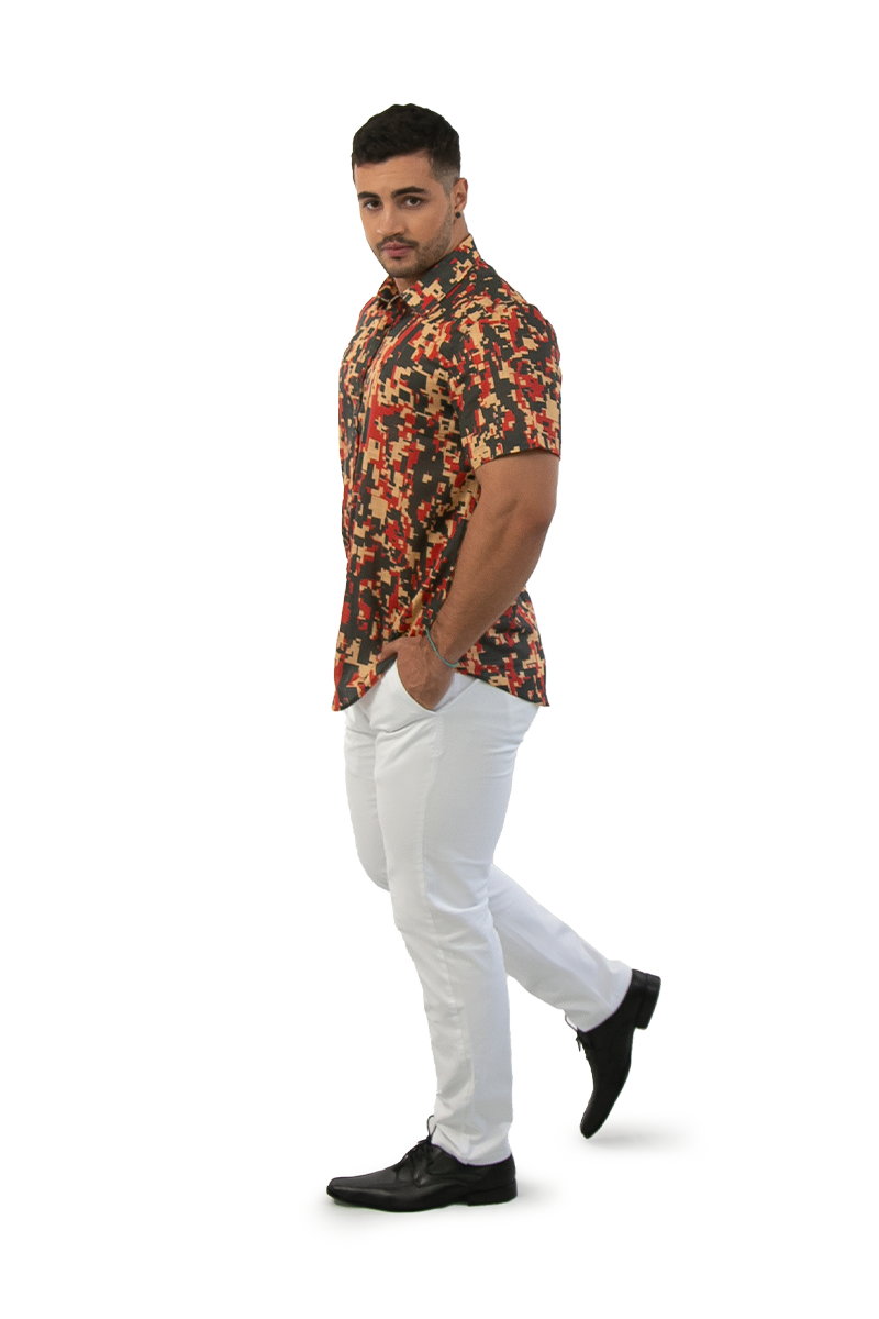 Camisa Social Masculina Slim Manga Curta Geométrica