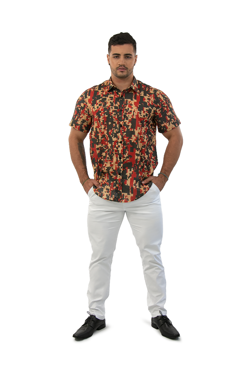 Camisa Social Masculina Slim Manga Curta Geométrica